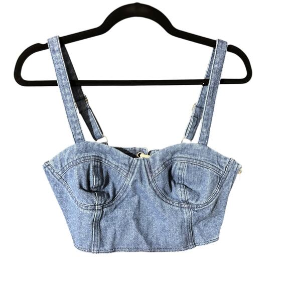 NWT L’Artiste Denim Bralette Criss Cross Tie Back Women’s Medium - Picture 2 of 5